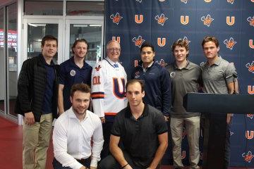 Men's Hockey and President Pfannestiel at Hockey Skills Competition Announcement 091423